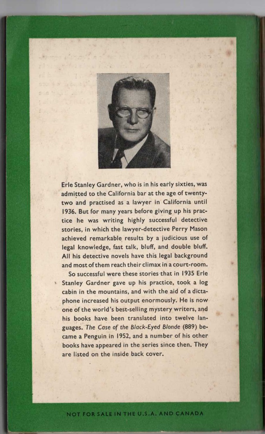 Erle Stanley Gardner  THE CASE OF THE BORROWED BRUNETTE magnified rear book cover image