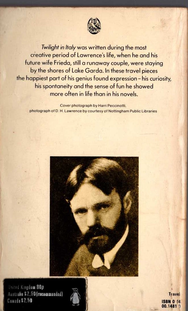 D.H. Lawrence  TWILIGHT IN ITALY magnified rear book cover image