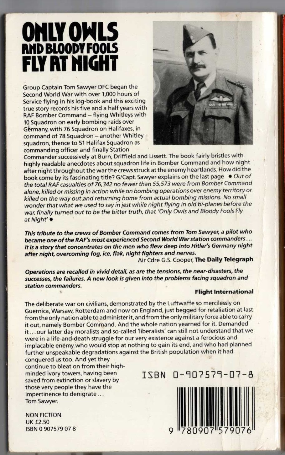 Group Captain Tom Sawyer  ONLY OWLS AND BLOODY FOOLS FLY AT NIGHT magnified rear book cover image