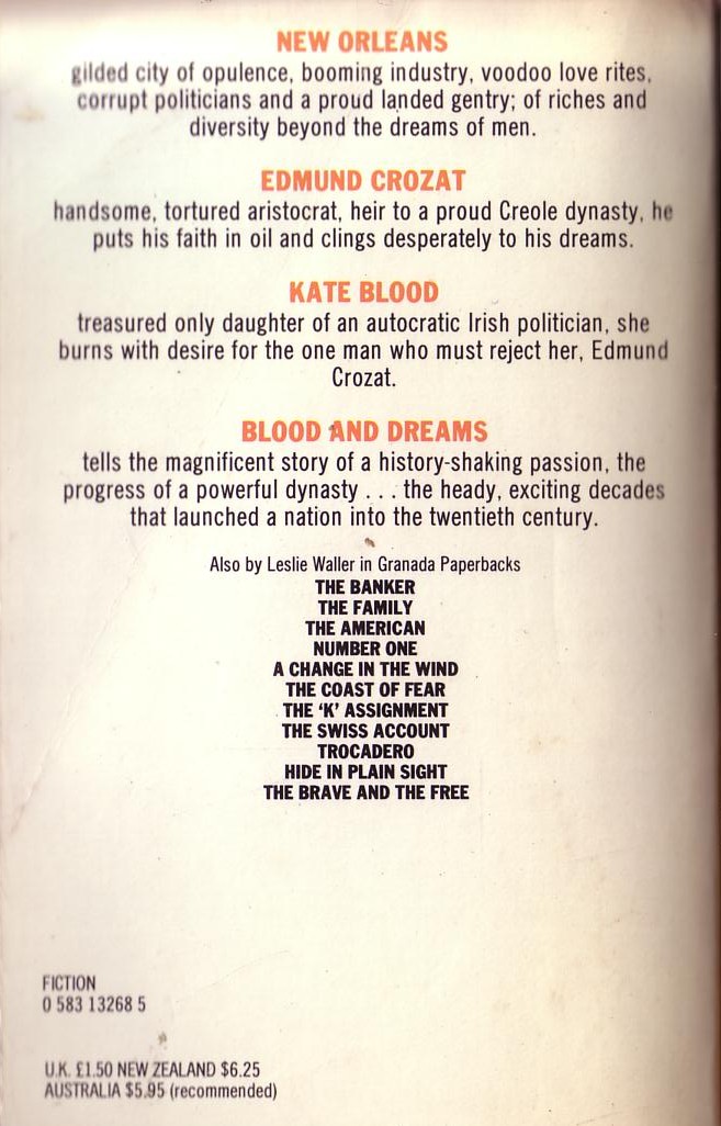 Leslie Waller  BLOOD AND DREAMS magnified rear book cover image