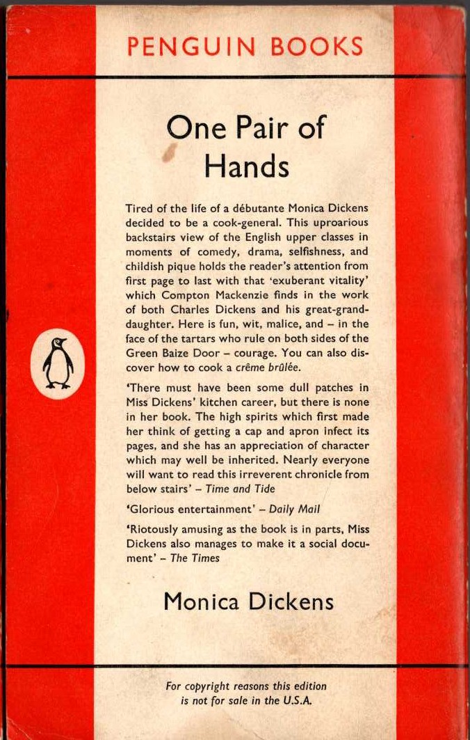 Monica Dickens  ONE PAIR OF HANDS magnified rear book cover image