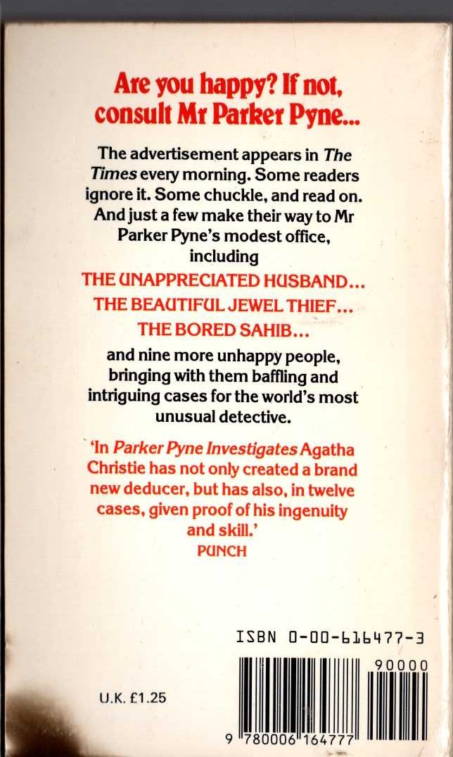 Agatha Christie  PARKER PYNE INVESTIGATES magnified rear book cover image