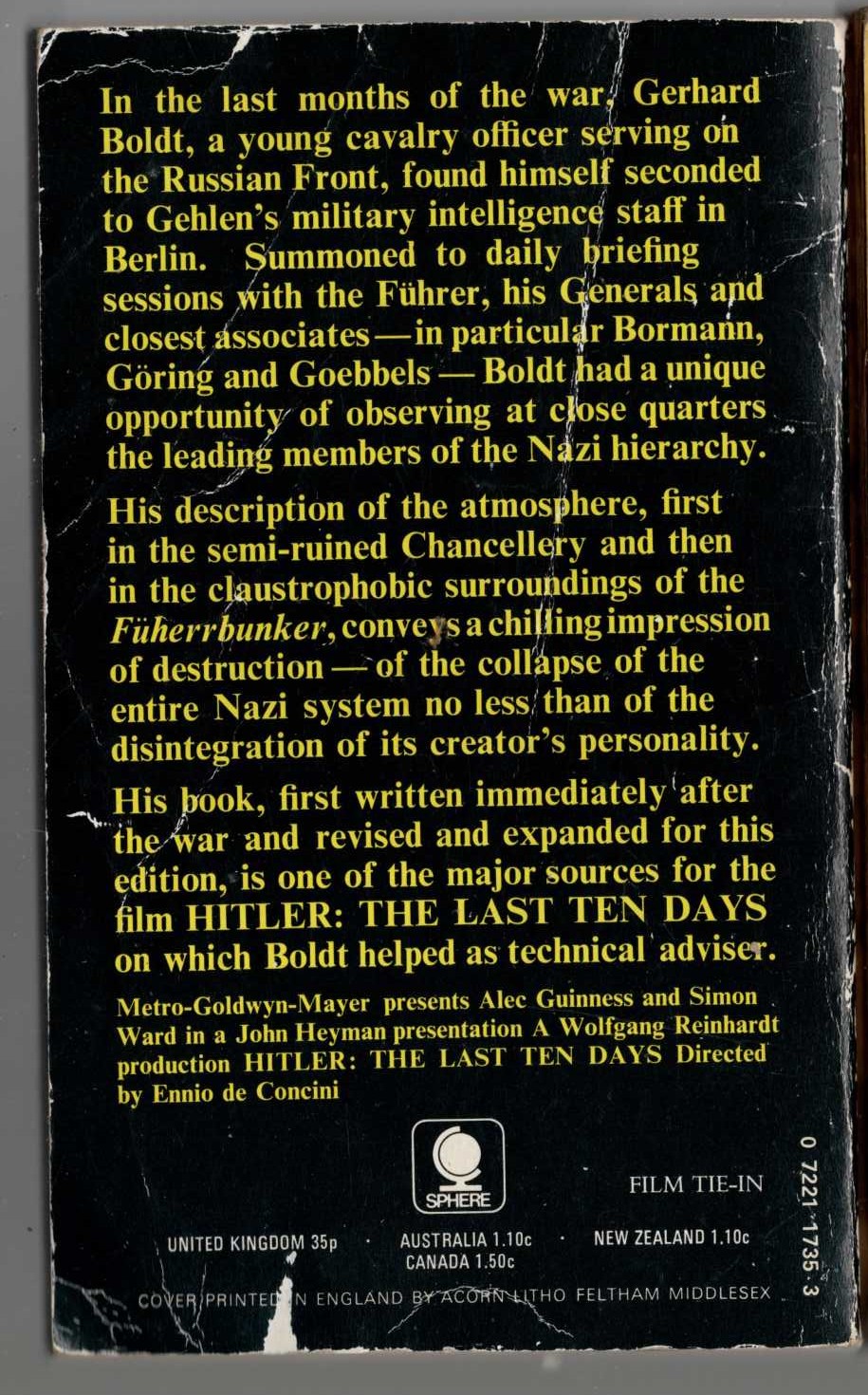 Gerhard Boldt  HITLER'S LAST DAYS magnified rear book cover image