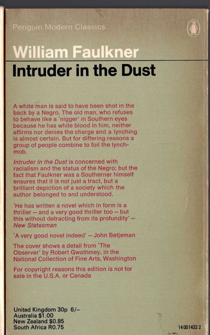 William Faulkner  INTRUDER IN THE DUST magnified rear book cover image