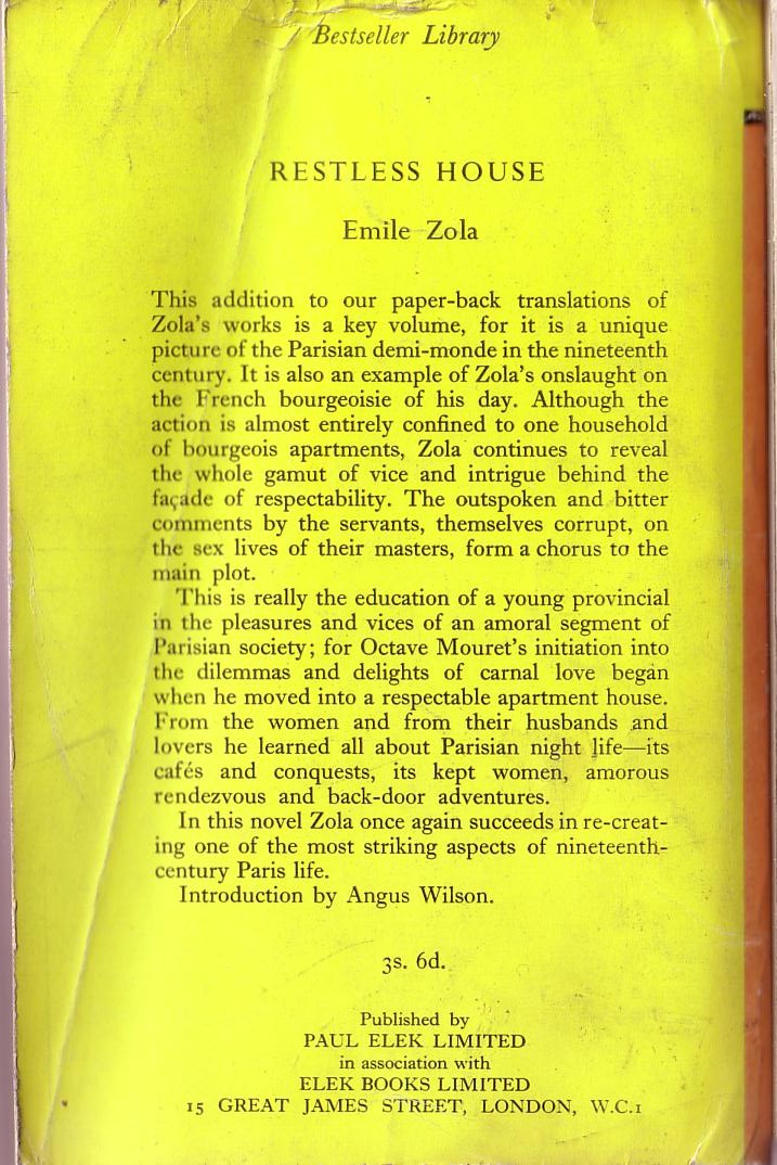 Emile Zola  RESTLESS HOUSE magnified rear book cover image