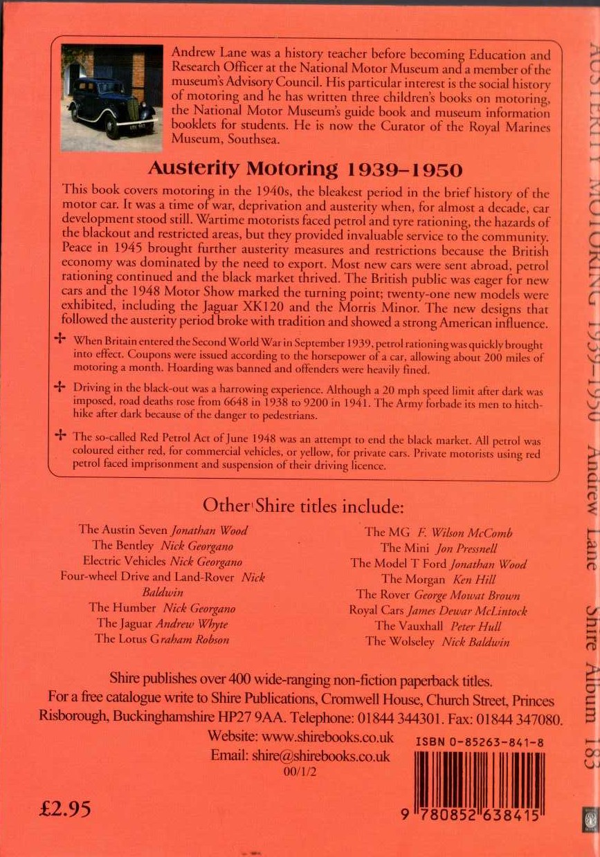 Andrew Lane  AUSTERITY MOTORING 1939-1950 magnified rear book cover image