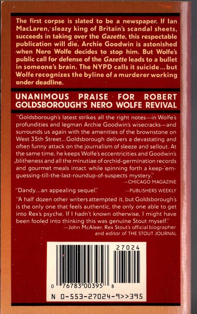 Rex Stout  DEATH ON DEADLINE (Nero Wolfe) magnified rear book cover image