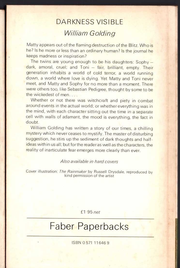 William Golding  DARKNESS VISIBLE magnified rear book cover image