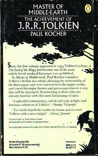 Paul Kocher  MASTER OF MIDDLE-EARTH. THE ACHIEVEMENT OF J.R.R.TOLKIEN magnified rear book cover image