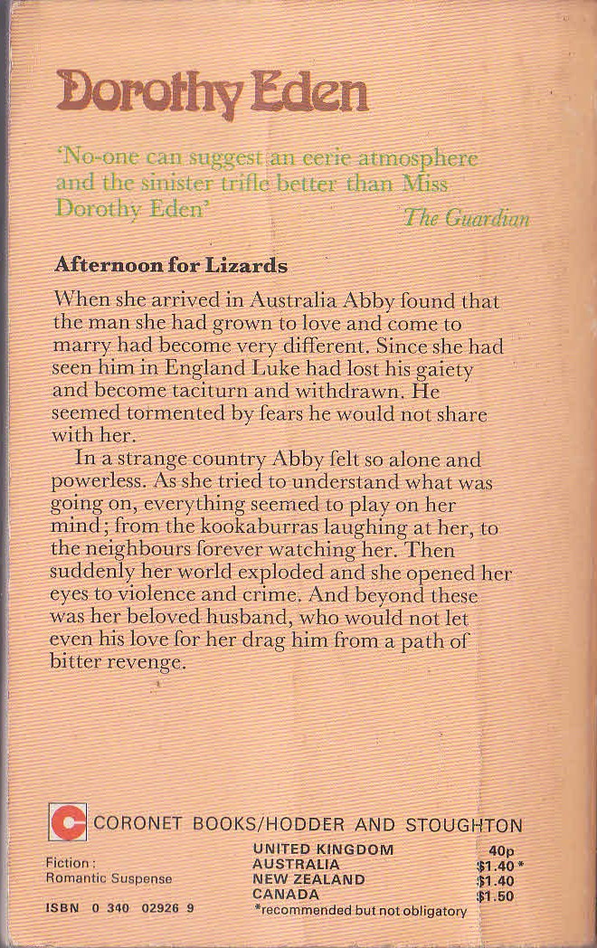 Dorothy Eden  AFTERNOON FOR LIZARDS magnified rear book cover image