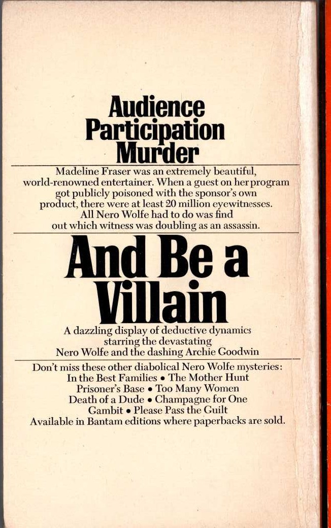 Rex Stout  AND BE A VILLAIN magnified rear book cover image