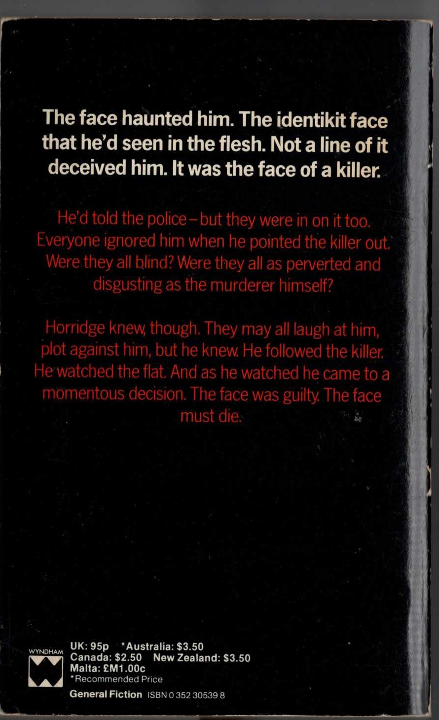 Ramsey Campbell  THE FACE THAT MUST DIE magnified rear book cover image