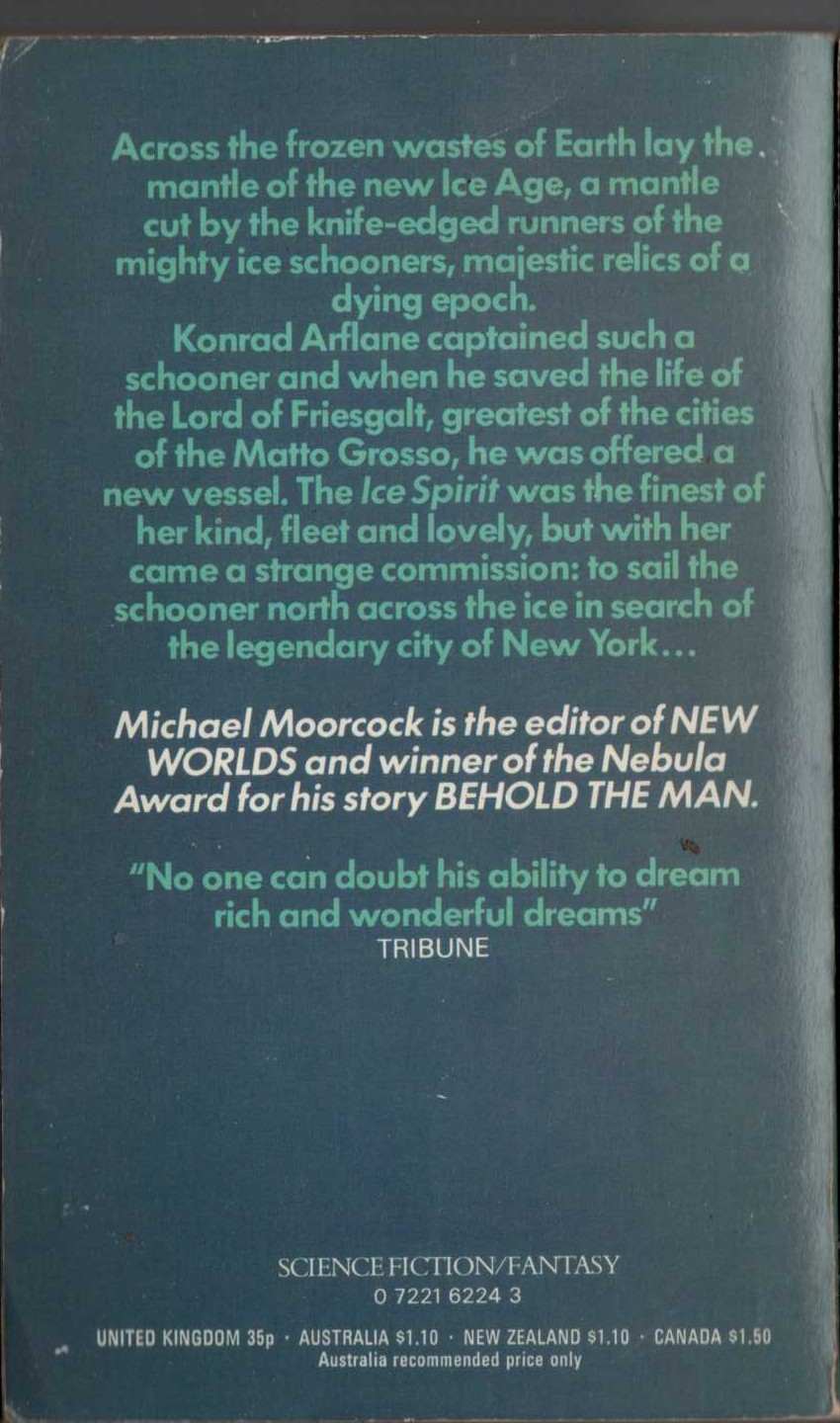 Michael Moorcock  THE ICE SCHOONER magnified rear book cover image
