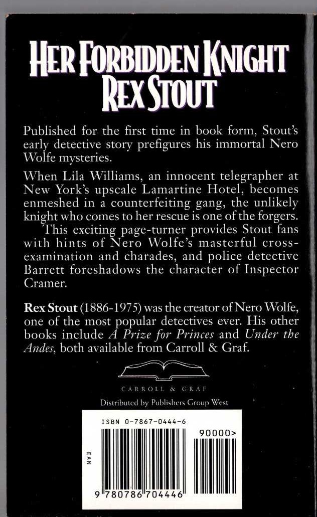 Rex Stout  HER FORBIDDEN KNIGHT magnified rear book cover image