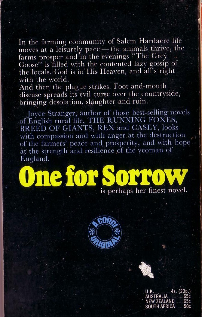 Joyce Stranger  ONE FOR SORROW magnified rear book cover image