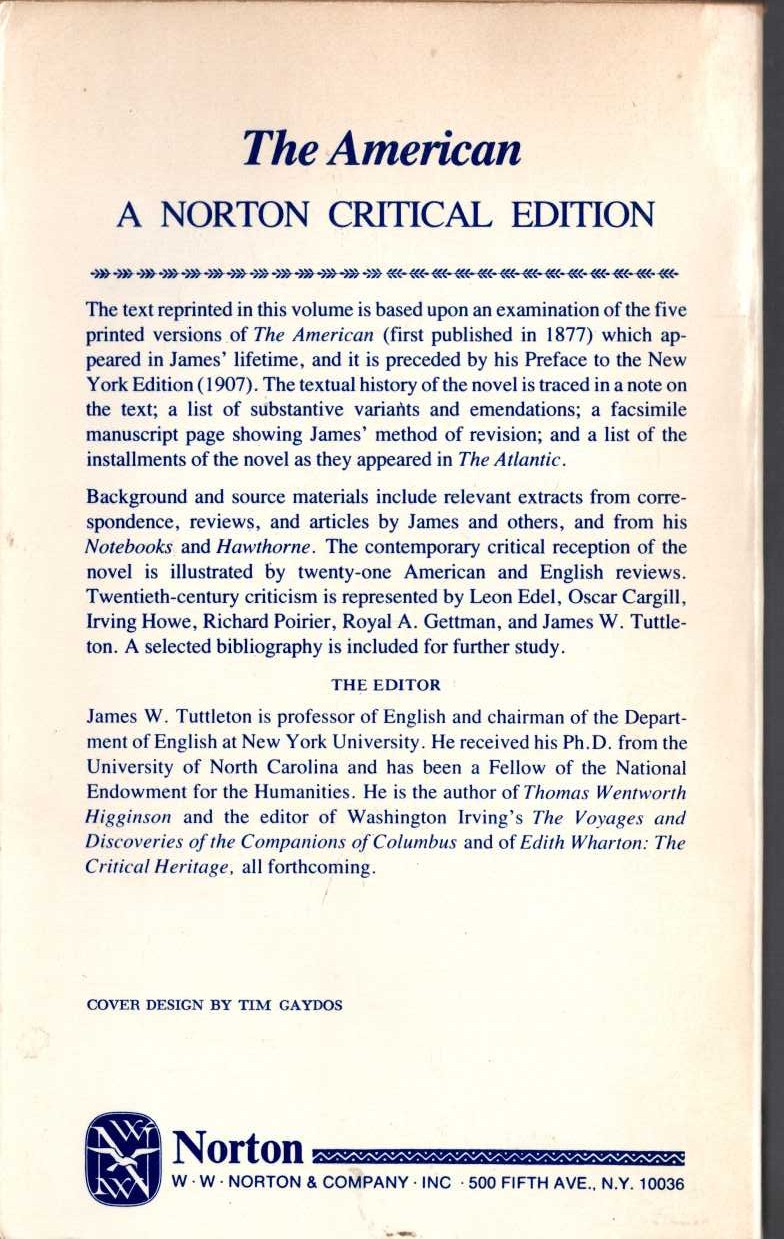 Henry James  THE AMERICAN. an authoritive text, backgrounds and sources, criticsim (edited by James W.Tuttleton) magnified rear book cover image
