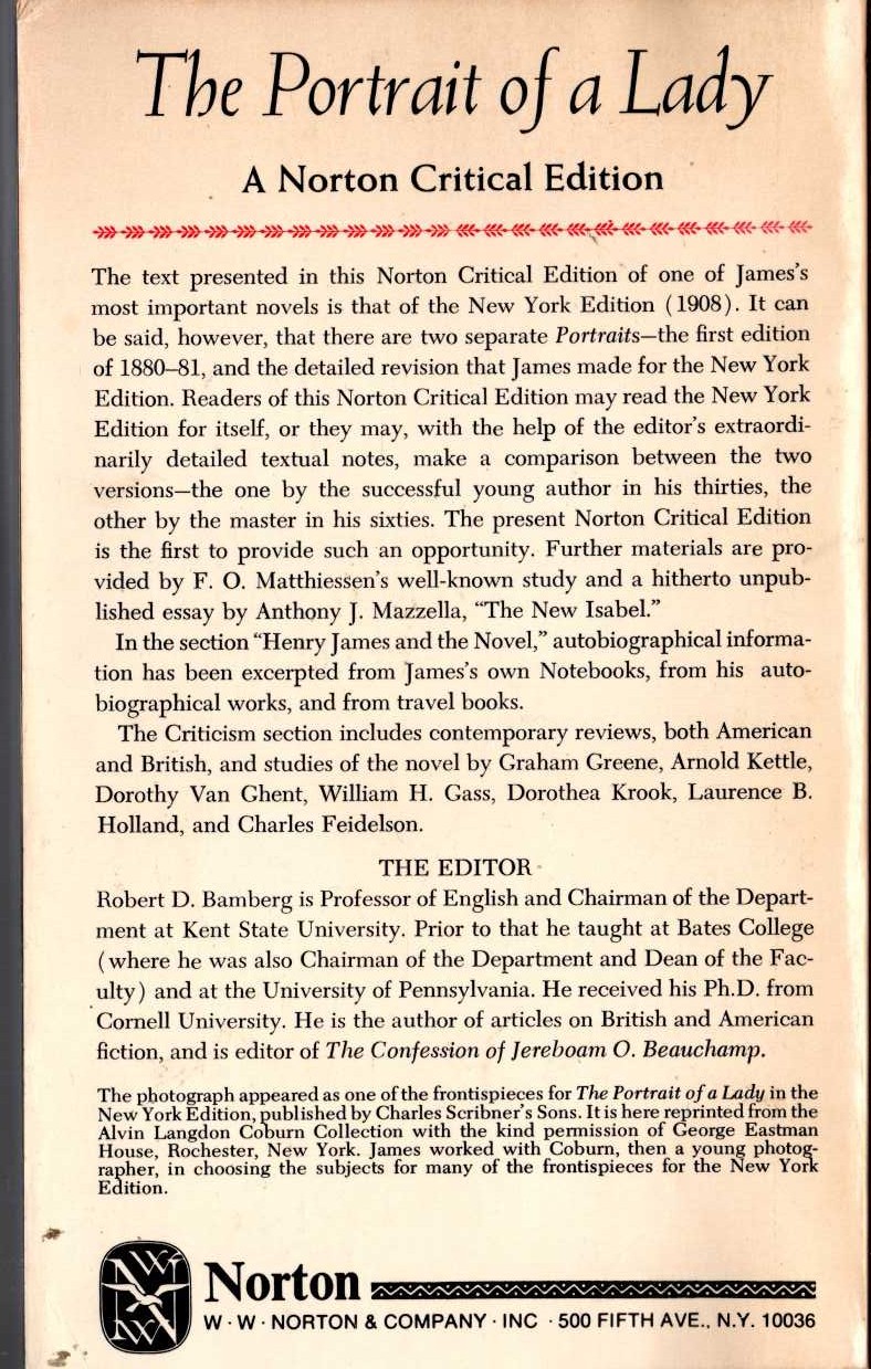 Henry James  THE PORTRAIT OF A LADY. an authoritative text and criticism. (edited by Robert D.Bamberg) magnified rear book cover image