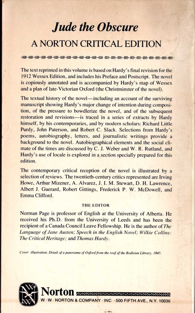 Thomas Hardy  JUDE THE OBSCURE. an authoritive text, backgrounds and sources, critcism. (edited by Norman Page) magnified rear book cover image