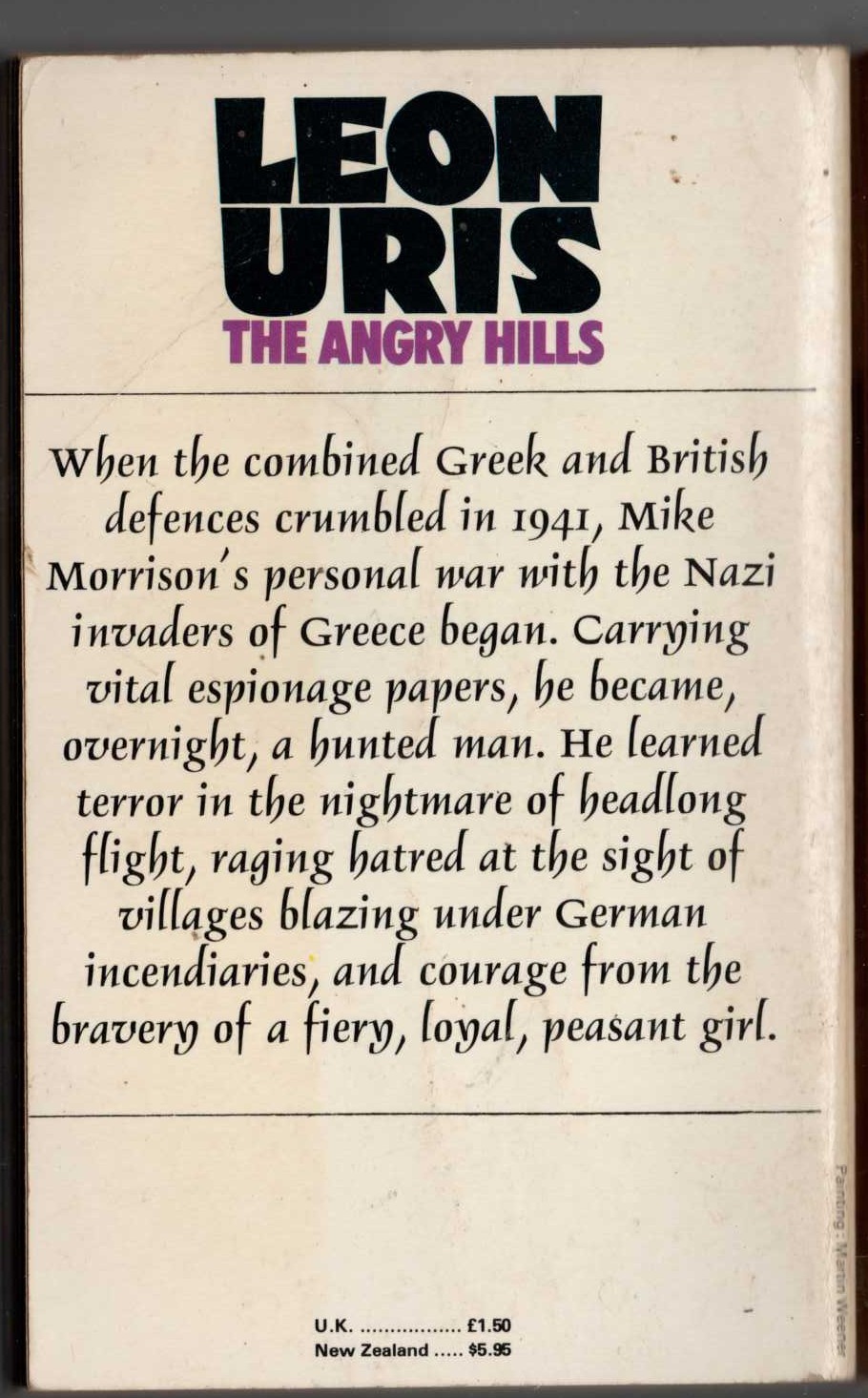 Leon Uris  THE ANGRY HILLS magnified rear book cover image