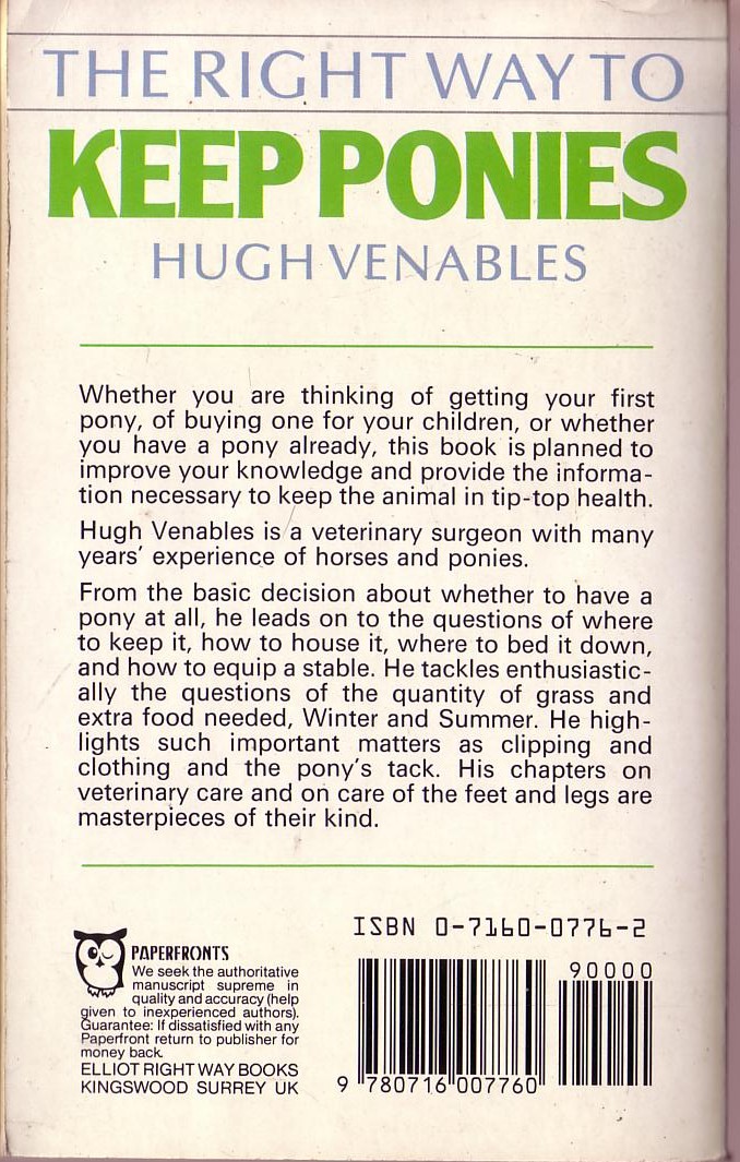 Hugh Venables  THE RIGHT WAY TO KEEP PONIES magnified rear book cover image