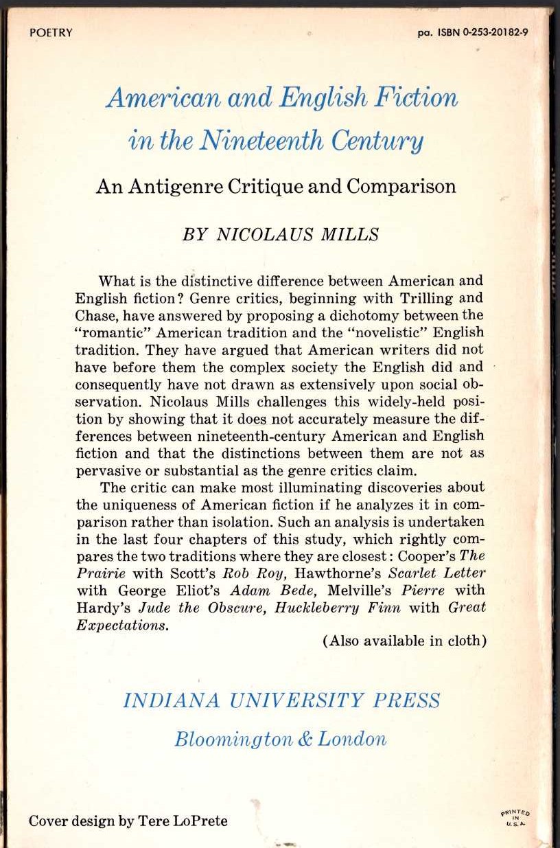 Nicolaus Mills  AMERICAN AND ENGLISH FICTION IN THE NINETEENTH CENTURY. An Antigenre Critique and Comparison magnified rear book cover image