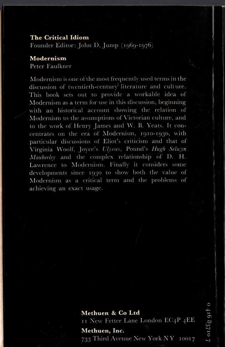 Peter Faulkner  MODERNISM. THE CRITICAL IDIOM magnified rear book cover image