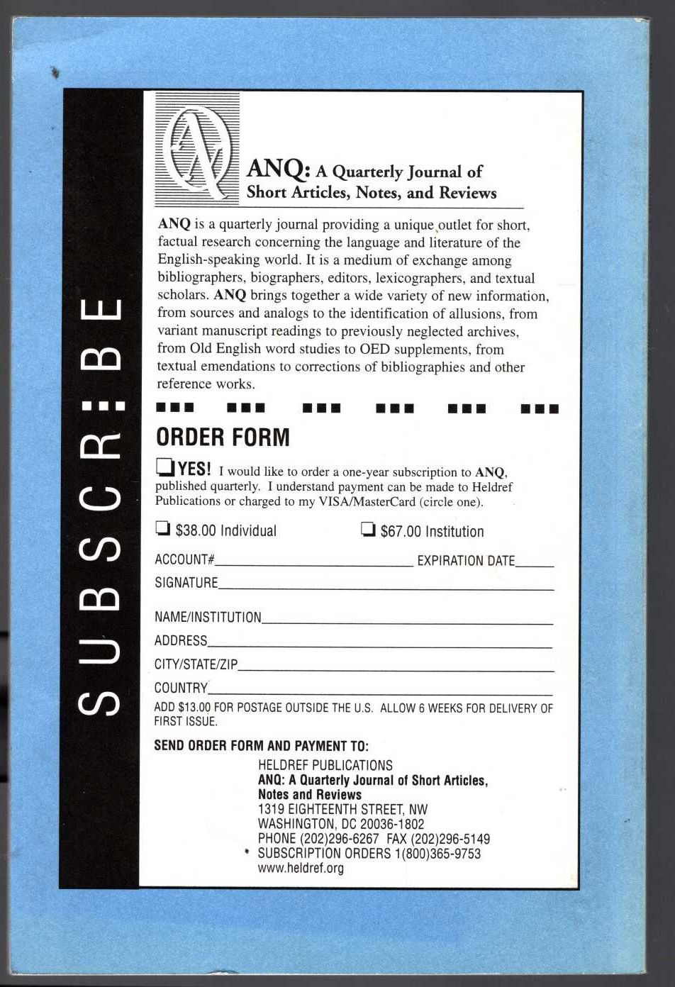Various   ANQ: A QUARTERLY JOURNAL OF SHORT ARTICLES, NOTES, AND REVIEWS. Volume 11. Number 3. Summer 1998 magnified rear book cover image