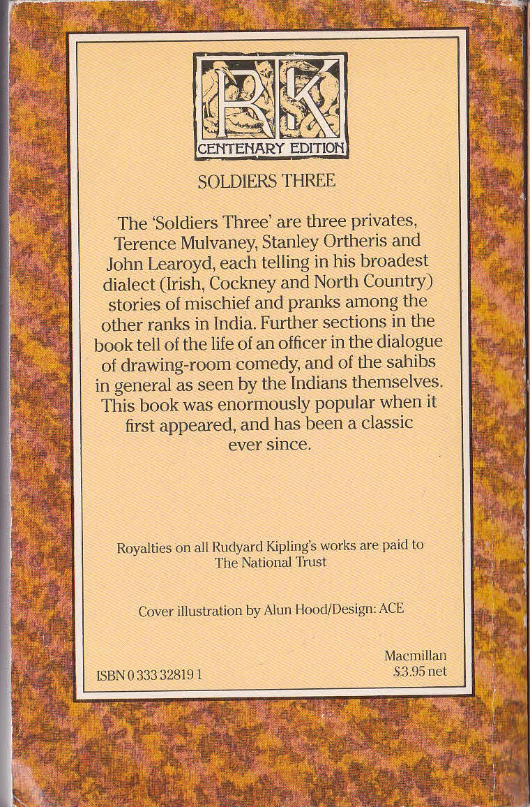 Rudyard Kipling  SOLDIERS THREE and Other Stories magnified rear book cover image
