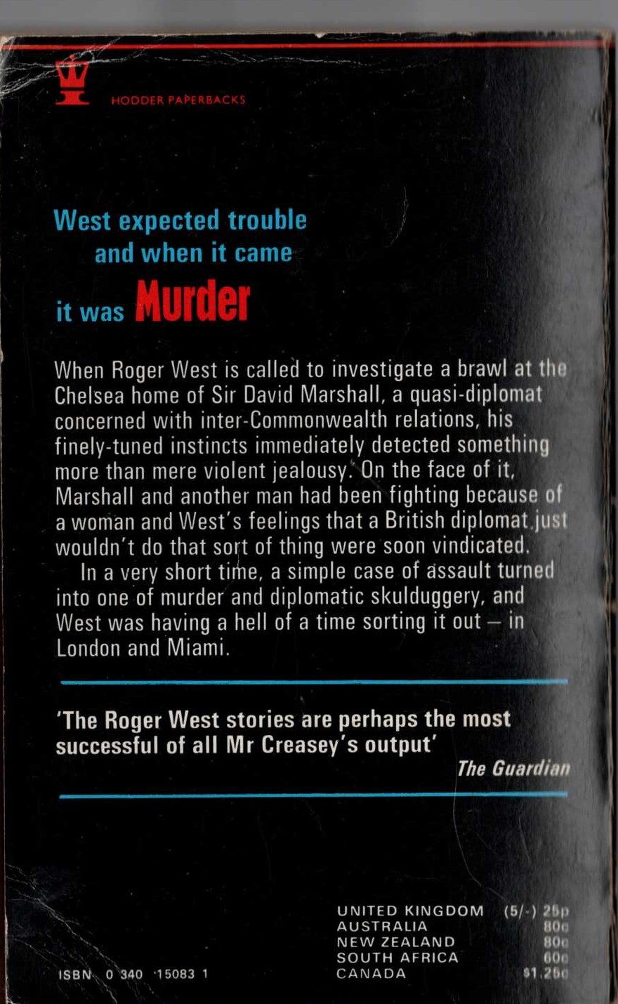 John Creasey  MURDER, LONDON - MIAMI magnified rear book cover image