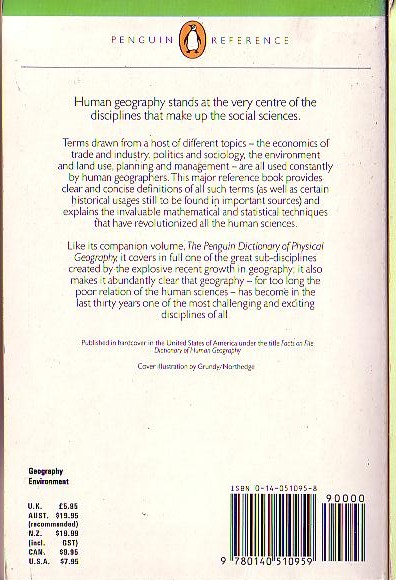 Brian Goodall  THE PENGUIN DICTIONARY OF HUMAN GEOGRAPHY magnified rear book cover image