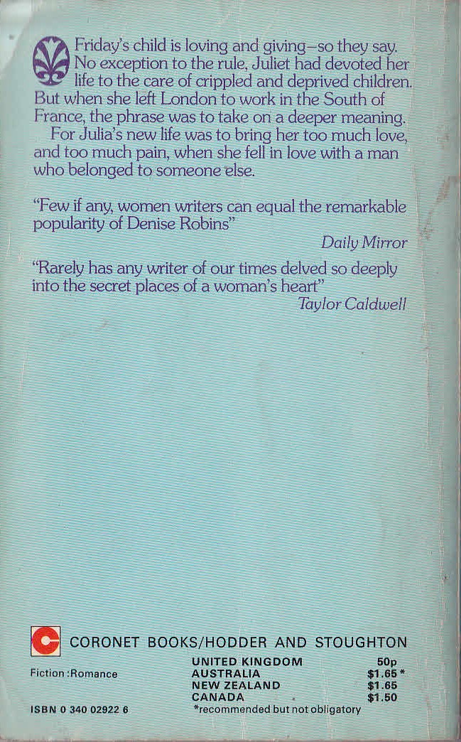 Denise Robins  LOVING AND GIVING magnified rear book cover image