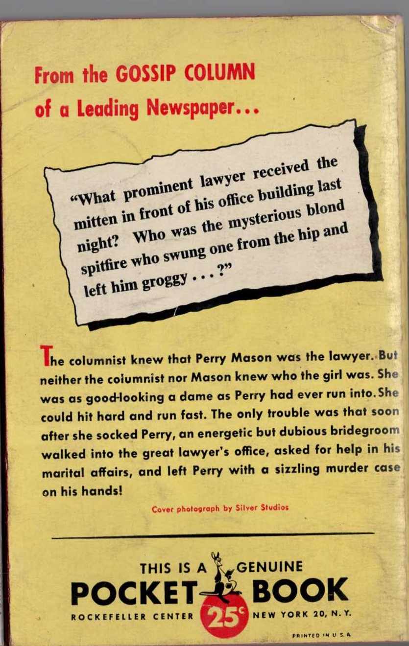 Erle Stanley Gardner  THE CASE OF THE DUBIOUS BRIDEGROOM magnified rear book cover image