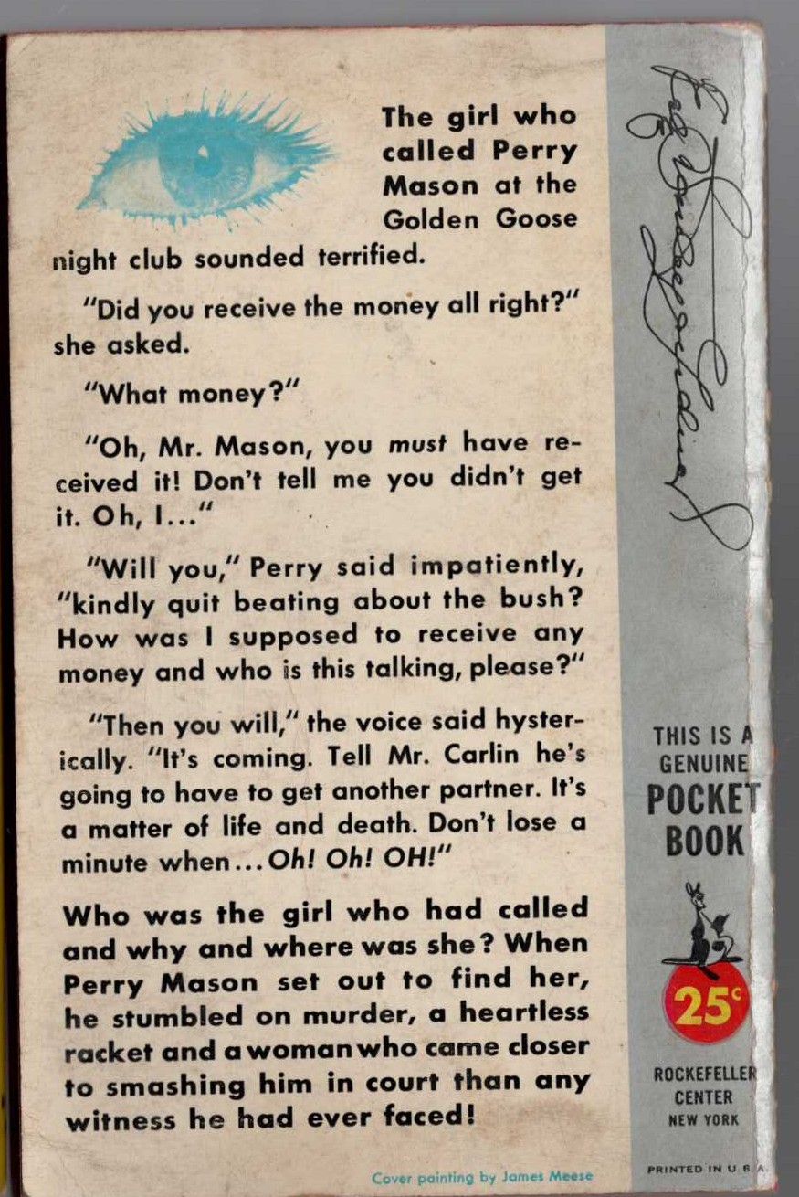 Erle Stanley Gardner  THE CASE OF THE ONE-EYED WITNESS magnified rear book cover image