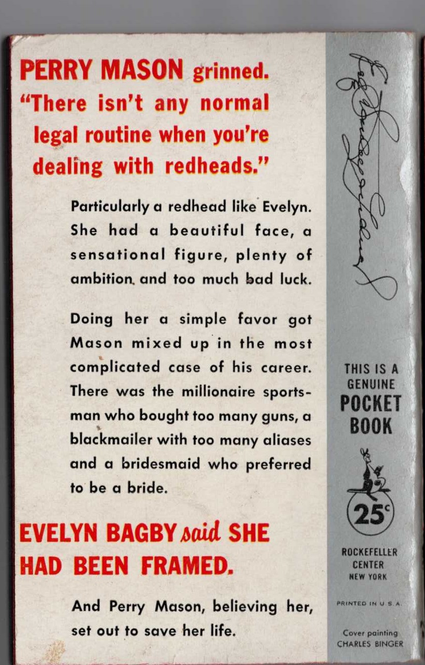 Erle Stanley Gardner  THE CASE OF THE RESTLESS REDHEAD magnified rear book cover image