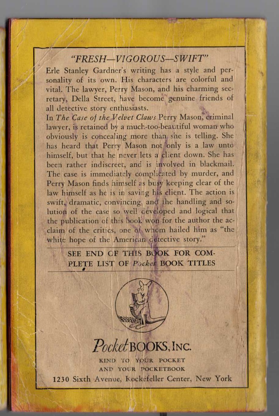 Erle Stanley Gardner  THE CASE OF THE VELVET CLAWS magnified rear book cover image