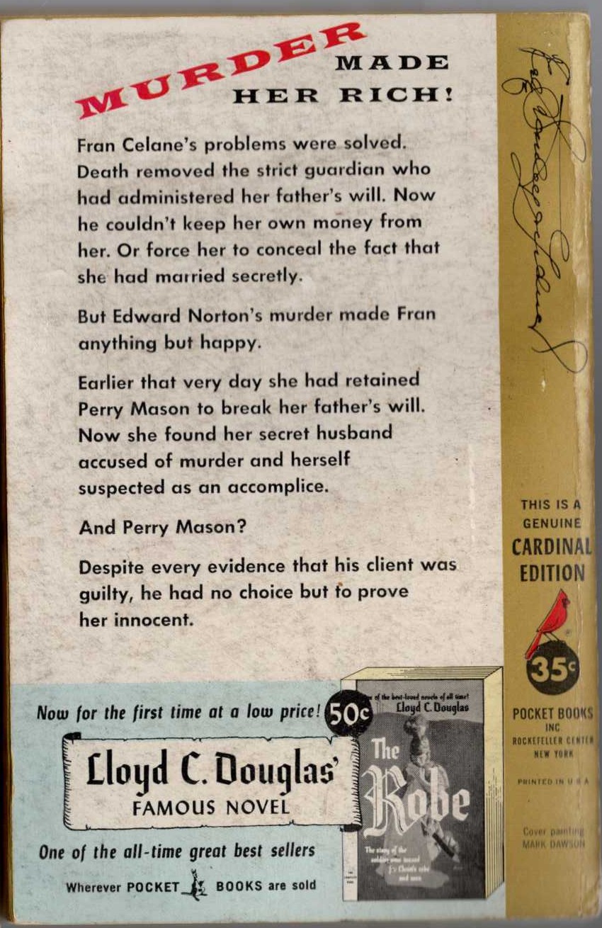 Erle Stanley Gardner  THE CASE OF THE SULKY GIRL magnified rear book cover image