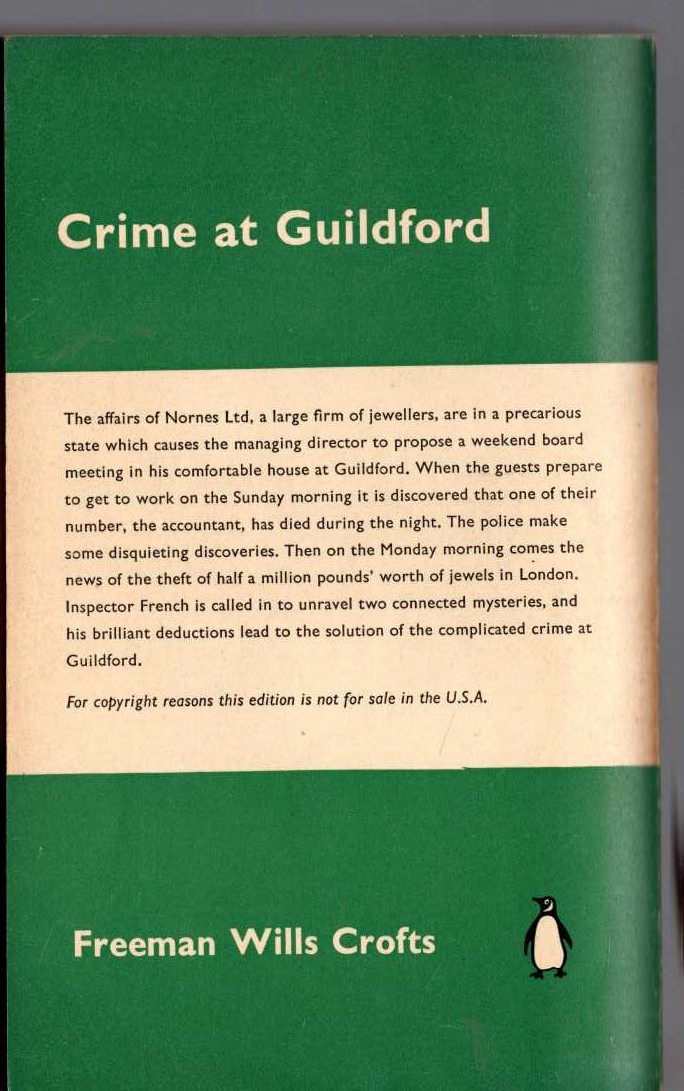 Freeman Wills Crofts  CRIME AT GUILDFORD magnified rear book cover image