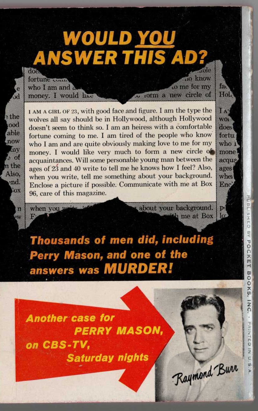 Erle Stanley Gardner  THE CASE OF THE LONELY HEIRESS magnified rear book cover image