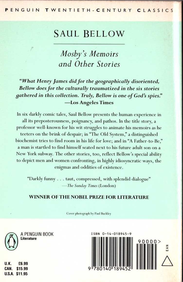 Saul Bellow  MOSBY'S MEMOIRS and Other Stories magnified rear book cover image