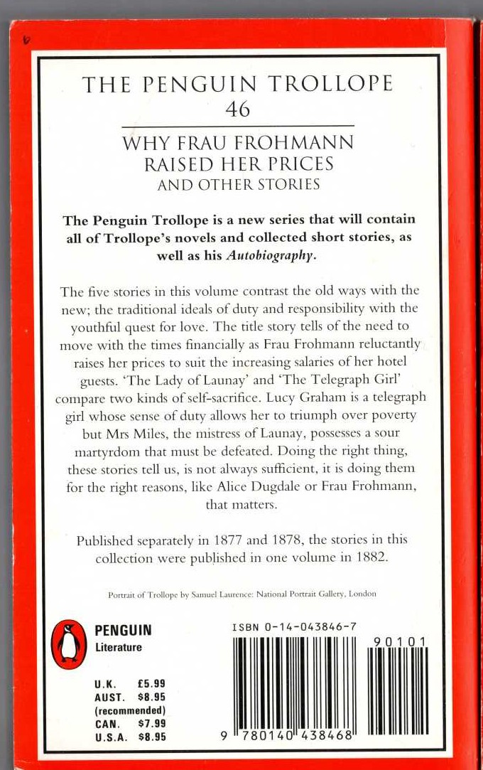 Anthony Trollope  WHY FRAU FROHMANN RIASED HER PRICES AND OTHER STORIES magnified rear book cover image