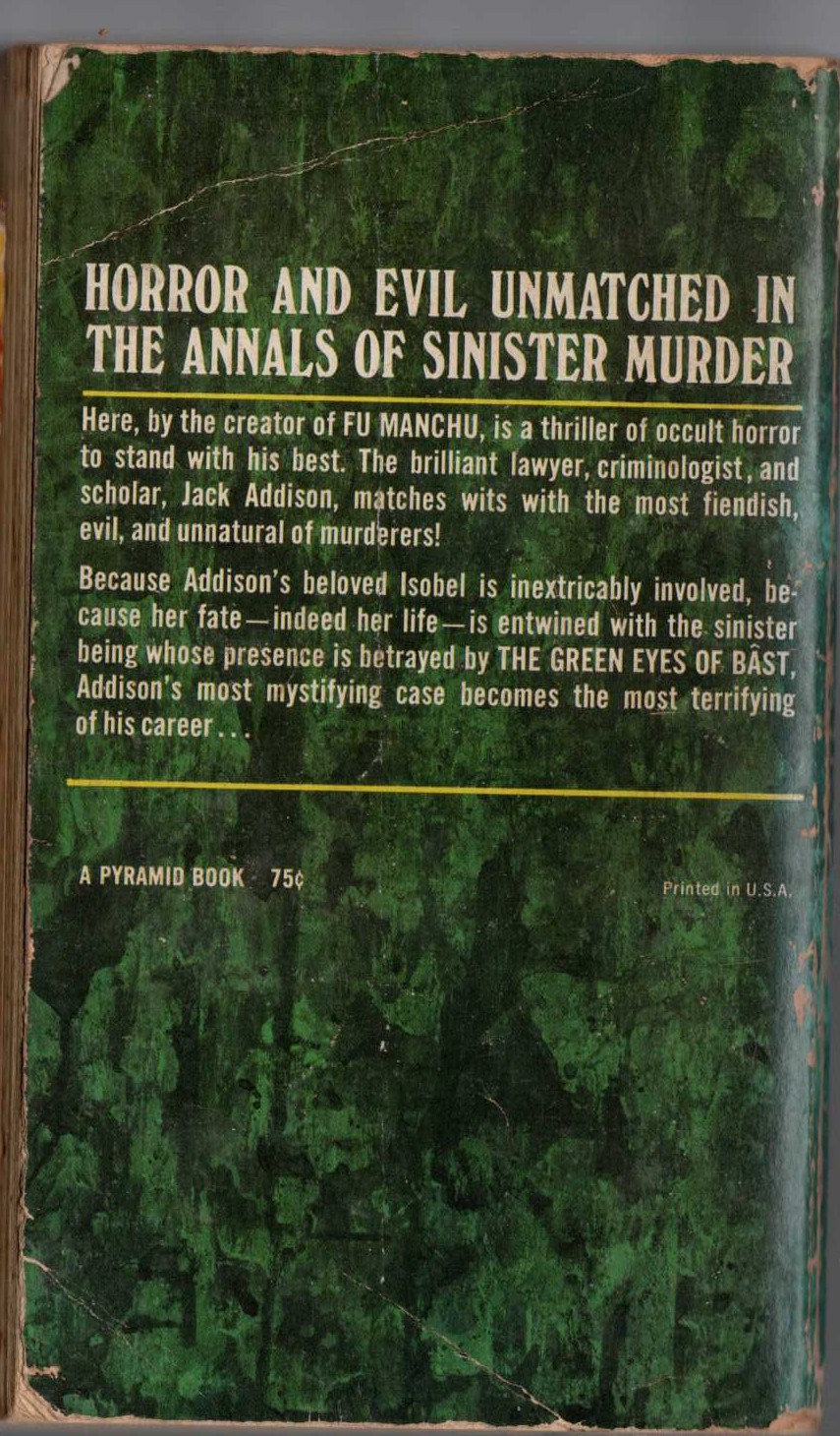 Sax Rohmer  THE GREEN EYES OF BAST magnified rear book cover image