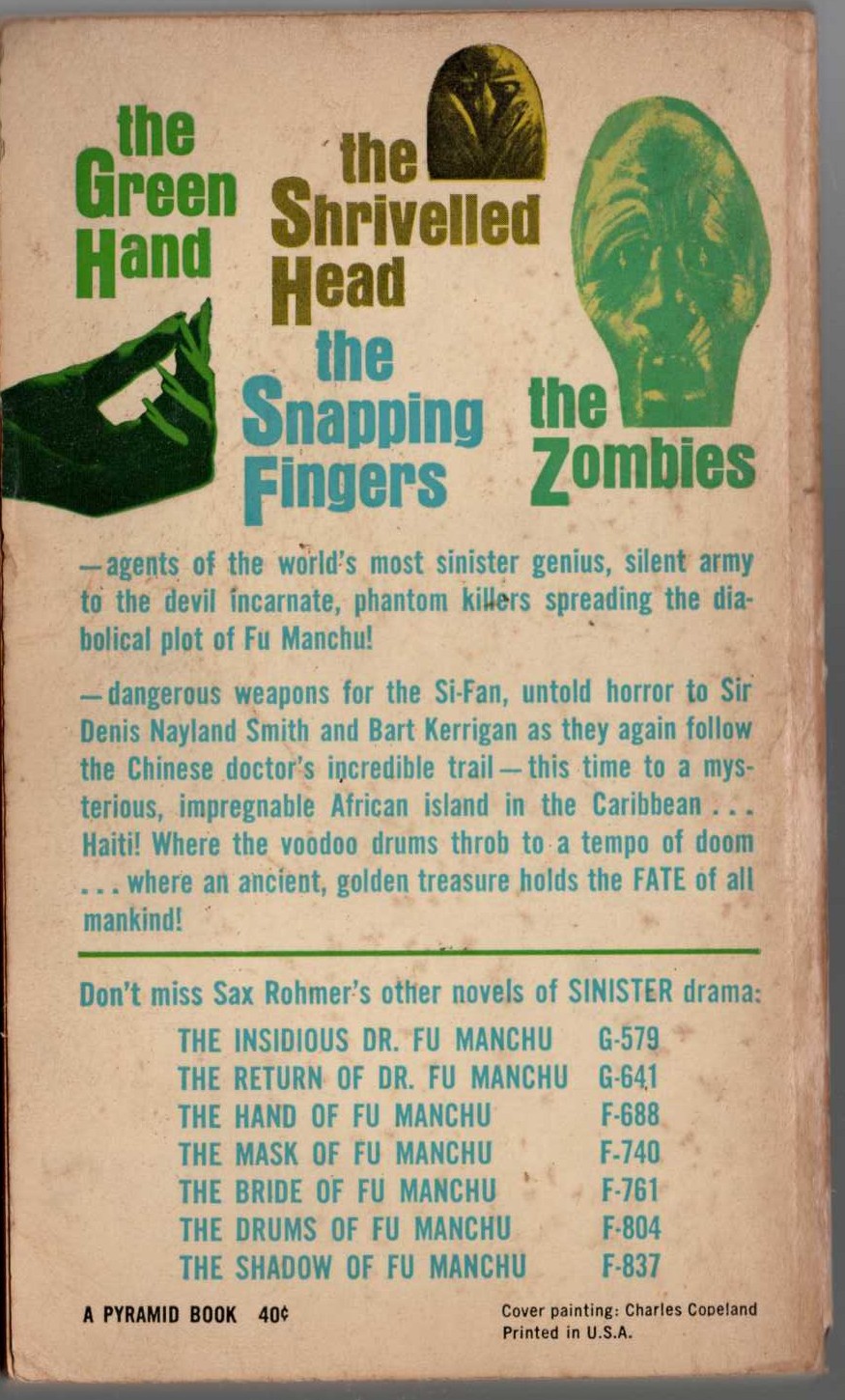 Sax Rohmer  THE ISLAND OF FU MANCHU magnified rear book cover image