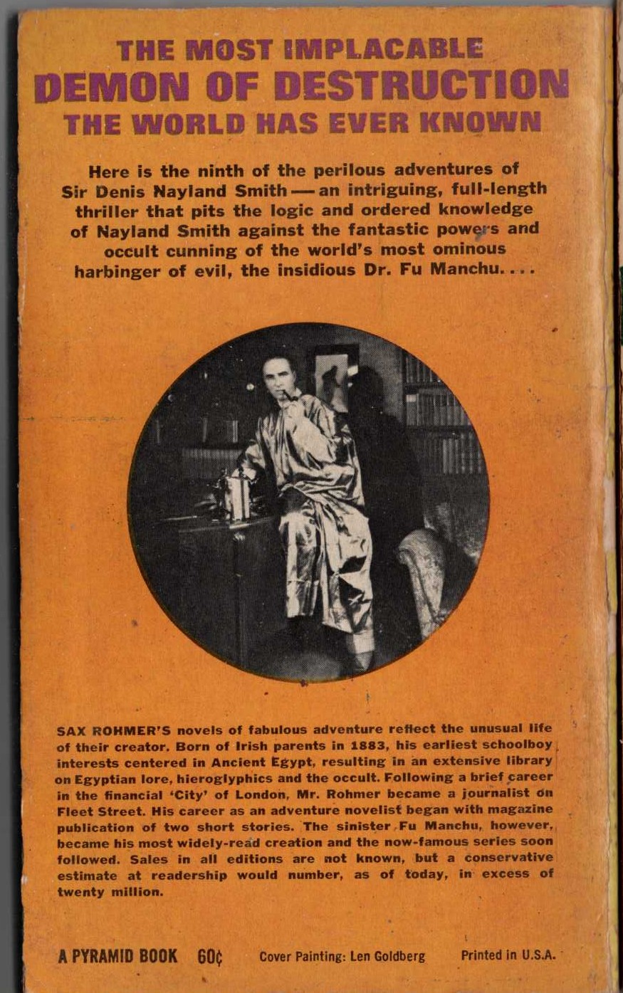 Sax Rohmer  THE DRUMS OF FU MANCHU magnified rear book cover image