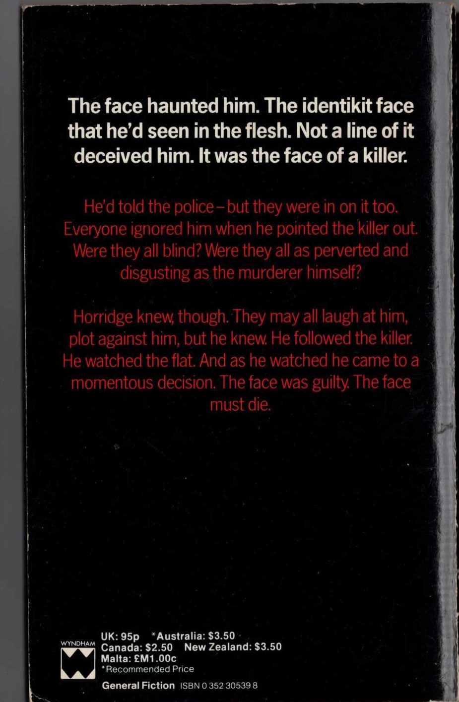 Ramsey Campbell  THE FACE THAT MUST DIE magnified rear book cover image
