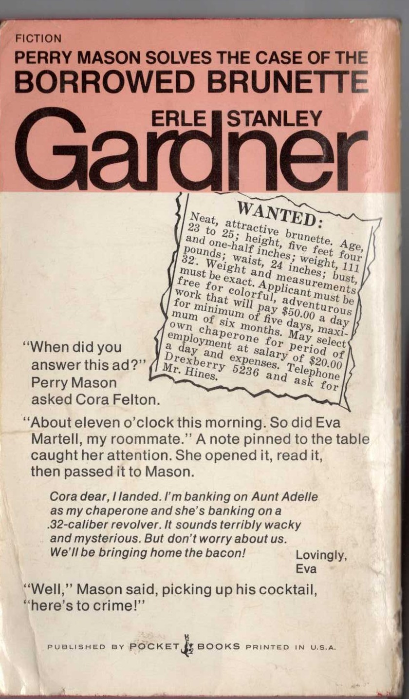 Erle Stanley Gardner  THE CASE OF THE BORROWED BRUNETTE magnified rear book cover image