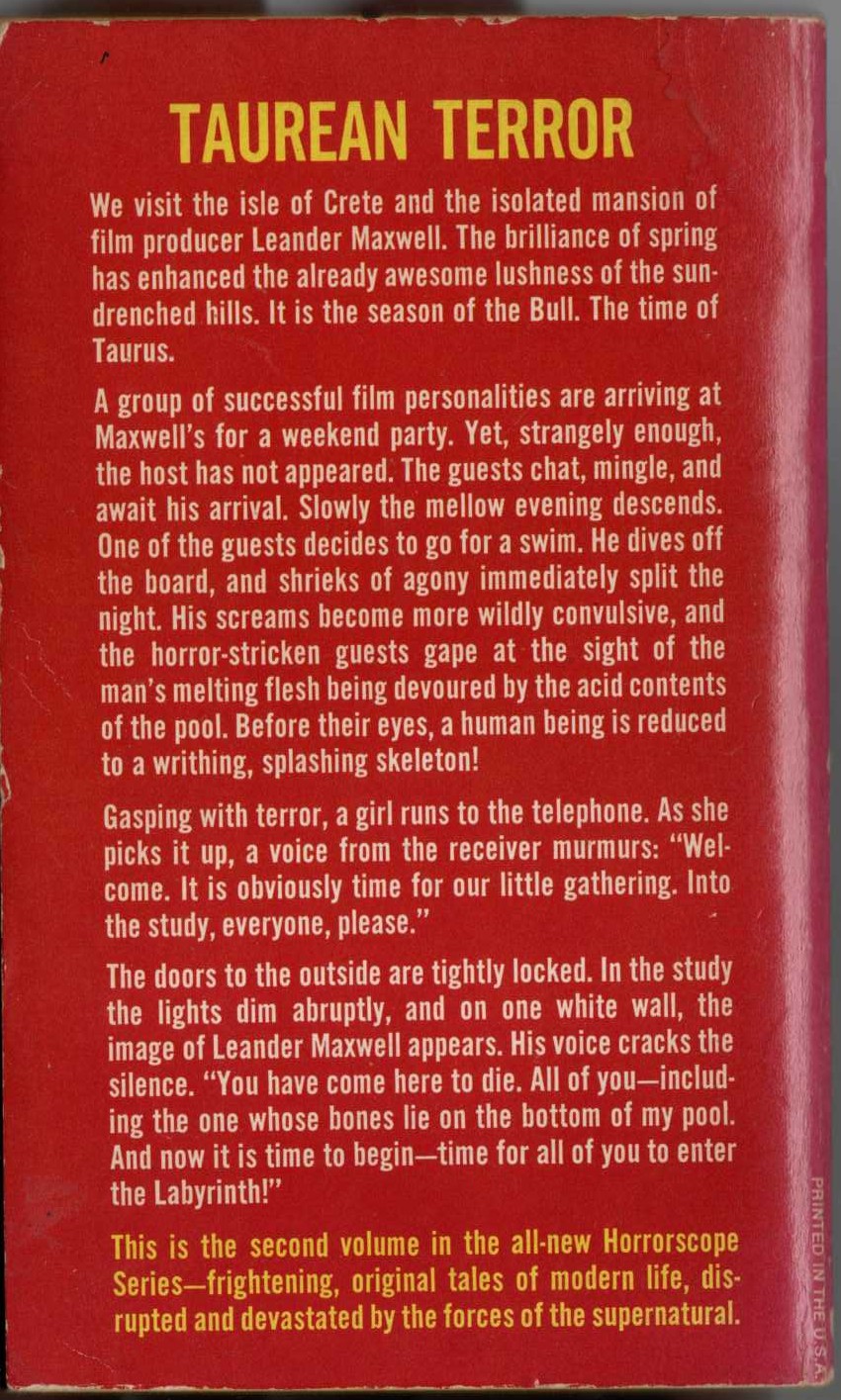 Robert Lory  HORRORSCOPE 2: THE REVENGE OF TAURUS magnified rear book cover image