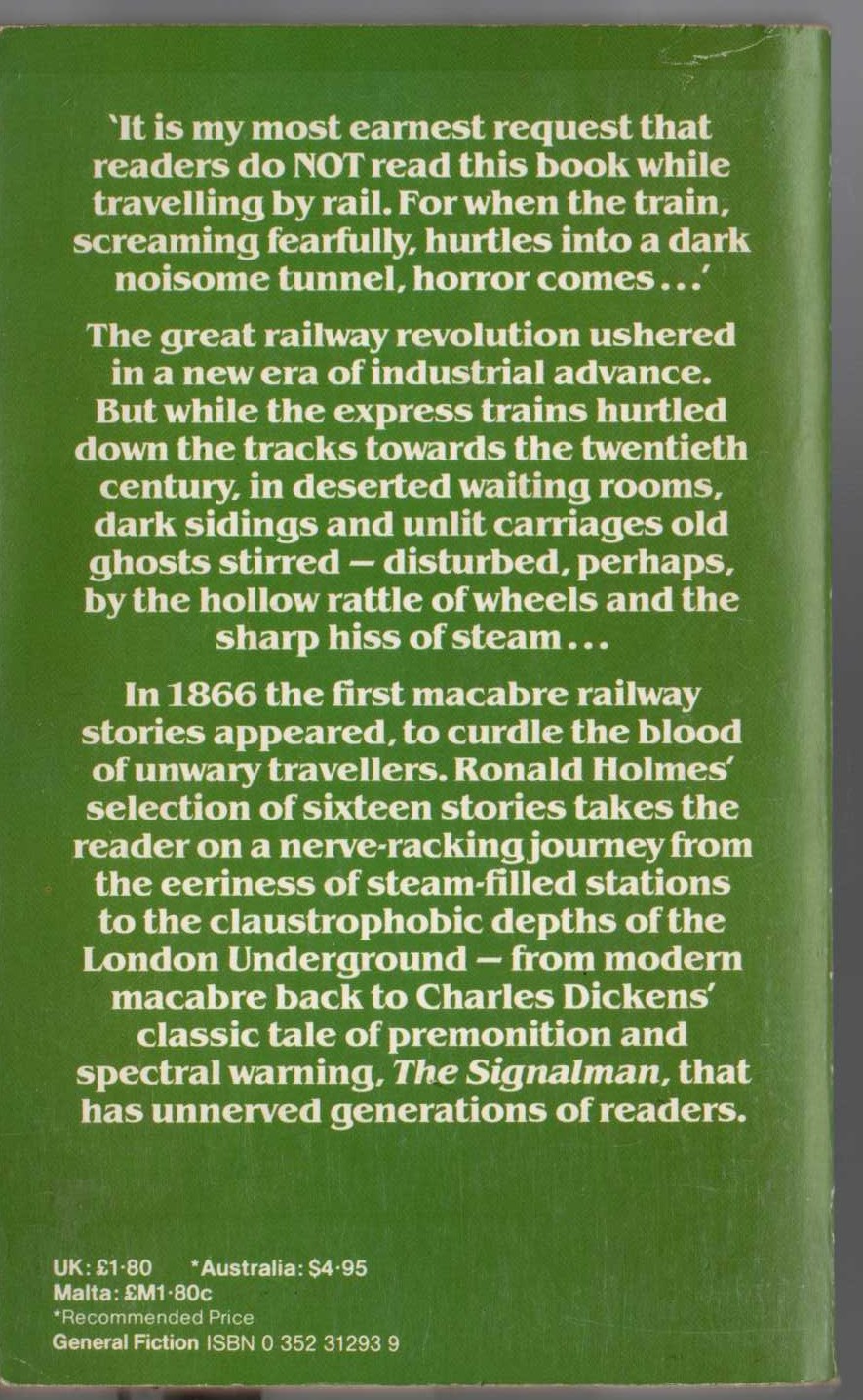 Ronald Holmes (edits) MACABRE RAILWAY STORIES magnified rear book cover image