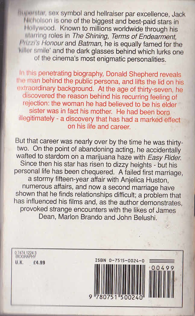 Donald Shepherd  JACK NICHOLSON. An Unauthorised Biography magnified rear book cover image
