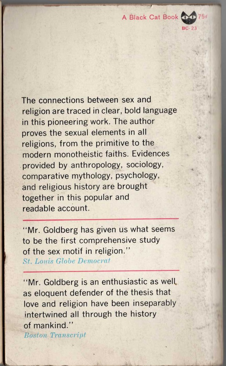 B.Z. Goldberg  THE SACRED FIRE: The Story of Sex in Religion magnified rear book cover image