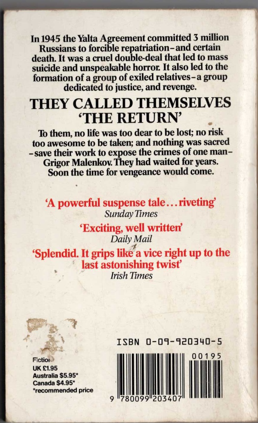 Evelyn Anthony  THE RETURN magnified rear book cover image